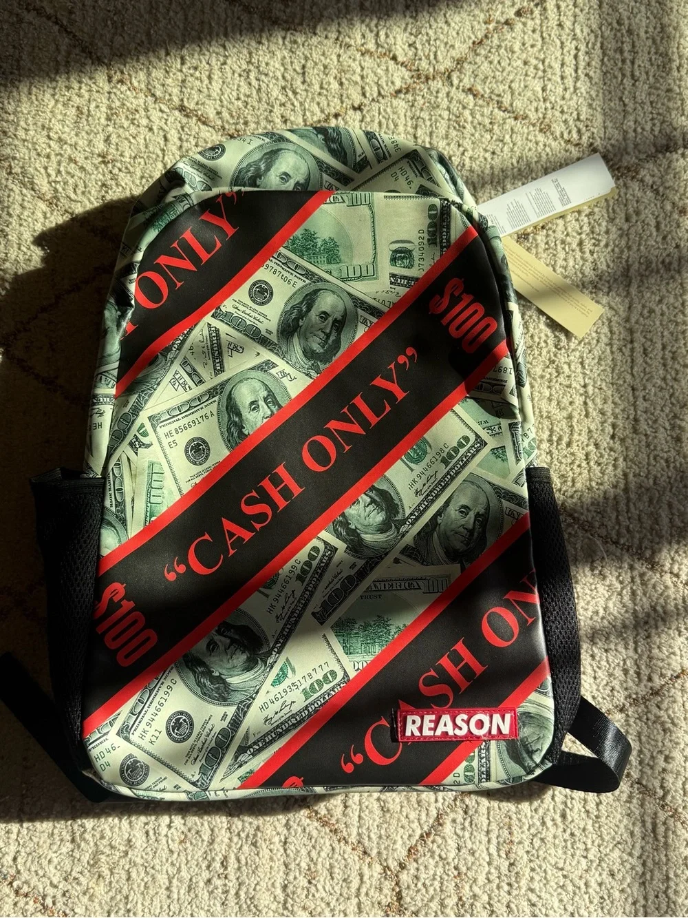 Reason Cash Only $100 Bill Money Print Backpack Black Red Green NWT
